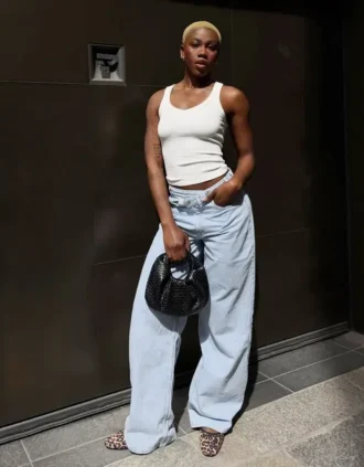 Çapraz Bel Detaylı Yüksek Bel Wide Leg Geniş Paça Kot Pantolon
