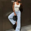 Çapraz Bel Detaylı Yüksek Bel Wide Leg Geniş Paça Kot Pantolon