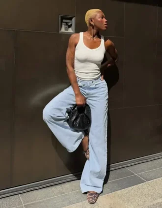 Çapraz Bel Detaylı Yüksek Bel Wide Leg Geniş Paça Kot Pantolon