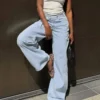 Çapraz Bel Detaylı Yüksek Bel Wide Leg Geniş Paça Kot Pantolon