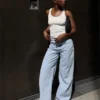 Çapraz Bel Detaylı Yüksek Bel Wide Leg Geniş Paça Kot Pantolon
