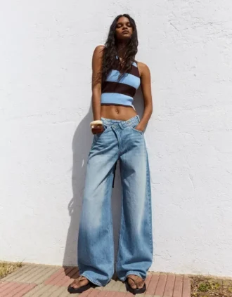 Çapraz Bel Detaylı Yüksek Bel Wide Leg Geniş Paça Kot Pantolonlar