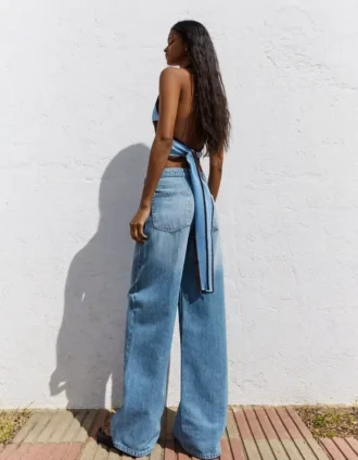 Çapraz Bel Detaylı Yüksek Bel Wide Leg Geniş Paça Kot Pantolonlar