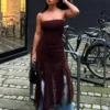 Asimetrik Dantel Tül Bandeau Midi Elbise