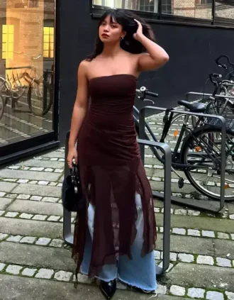 Asimetrik Dantel Tül Bandeau Midi Elbise