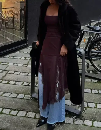 Asimetrik Dantel Tül Bandeau Midi Elbise
