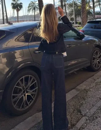Cepli Dikişsiz Yüksek Bel Wide Leg Kot Pantolonlar – Pantolonlar – Kadın