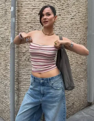 Çizgili Metalik İplikli Bandeau Üst