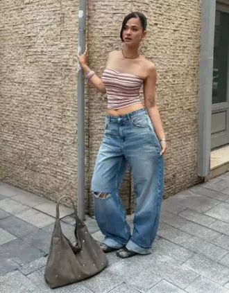 Çizgili Metalik İplikli Bandeau Üst