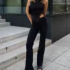 Kapağı olan geniş paça bengalin pantolonlar
