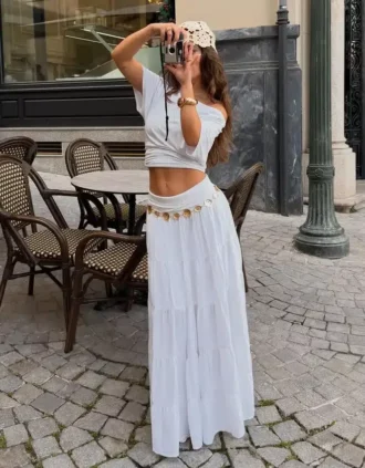 Katlı Bel Detaylı Midi Etek