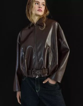 Kemerli Faux Leather Bomber Ceket – Ceketler ve Trençkotlar