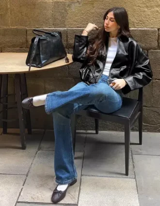 Kemerli Faux Leather Bomber Ceket – Ceketler ve Trençkotlar – Kadın