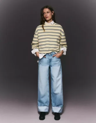 Kıvrımlı Paçalı Yüksek Bel Straight Wide Leg Kot Pantolonlar – Pantolonlar