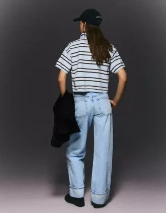 Kıvrımlı Paçalı Yüksek Bel Straight Wide Leg Kot Pantolonlar – Pantolonlar