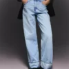 Kıvrımlı Paçalı Yüksek Bel Straight Wide Leg Kot Pantolonlar – Pantolonlar