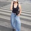 Önden Düğmeli, Düşük Bel, Wide Leg Barrel Kot Pantolonlar