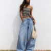 Önden Düğmeli Düşük Bel Wide Leg Barrel Kot Pantolonlar – Pantolonlar