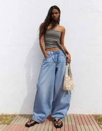 Önden Düğmeli Düşük Bel Wide Leg Barrel Kot Pantolonlar – Pantolonlar