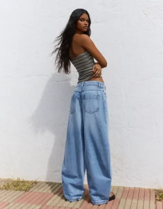 Önden Düğmeli Düşük Bel Wide Leg Barrel Kot Pantolonlar – Pantolonlar