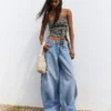 Önden Düğmeli Düşük Bel Wide Leg Barrel Kot Pantolonlar – Pantolonlar
