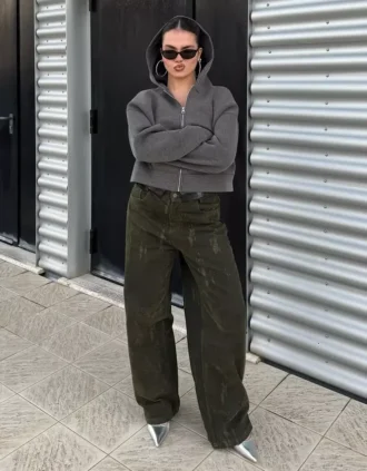 Neopren Efektli Oversize Fermuarlı Sweatshirt