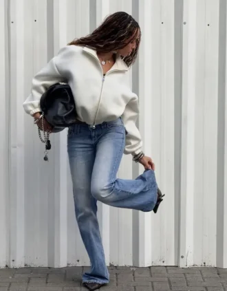 Neopren Etkili Balon Kesim Fermuarlı Sweatshirt