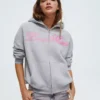 Oversize Baskılı Fermuarlı Kapüşonlu Sweatshirt