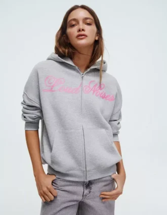 Oversize Baskılı Fermuarlı Kapüşonlu Sweatshirt