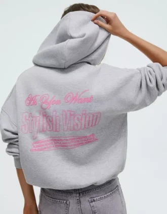 Oversize Baskılı Fermuarlı Kapüşonlu Sweatshirt