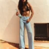 Parlak Yüksek Bel Straight Paça Kot Pantolon