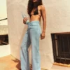 Parlak Yüksek Bel Straight Paça Kot Pantolon