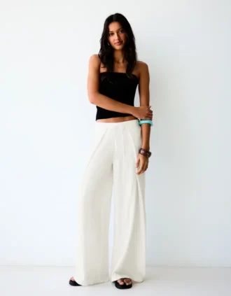 Pileli Rustik Wide Leg Pantolon