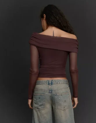 Uzun Kollu Asimetrik Tül T-Shirt