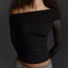 Uzun Kollu Asimetrik Tül T-Shirt