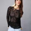 Uzun Kollu Fırfırlı Sarı Dantel T-shirt