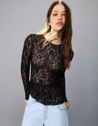 Uzun Kollu Fırfırlı Sarı Dantel T-shirt
