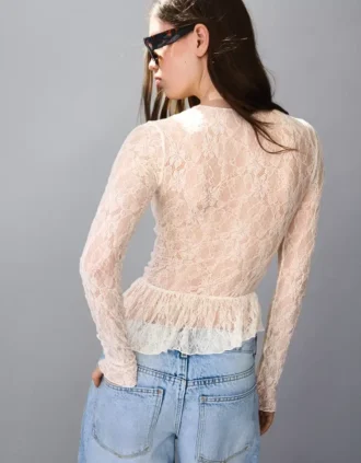 Uzun Kollu Fırfırlı Sarı Dantel T-shirt