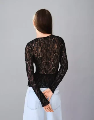 Uzun Kollu Fırfırlı Sarı Dantel T-shirt