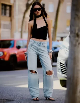 Yırtık Yüksek Bel Wide Leg Kot Pantolonlar