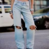 Yırtık Yüksek Bel Wide Leg Kot Pantolonlar